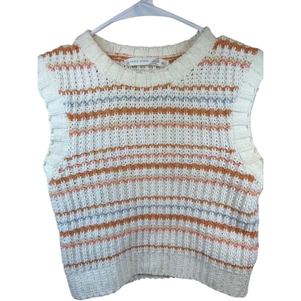 Altar'd State Striped Sweater Vest Cream Orange Blue Ruffle‎ Cap Sleeve XS Boho